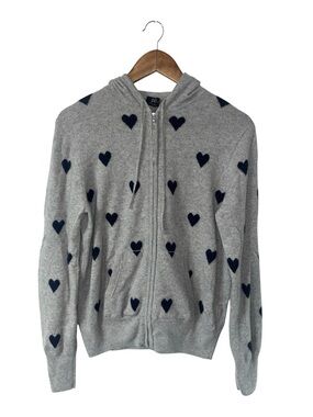 J. Crew 100% Cashmere Grey Blue Heart Zipper Hoodie Sweater Soft Size Small